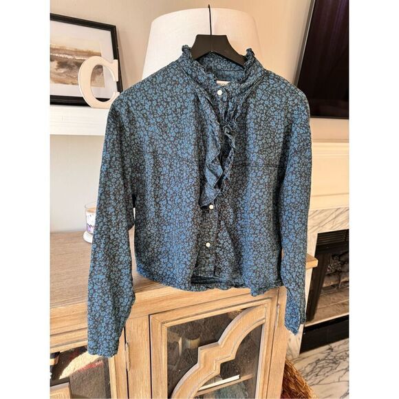 Overlover Blue Button Down Ruffled Trim Long Sleeve Blouse Pearl Buttons Women’s - Picture 1 of 10